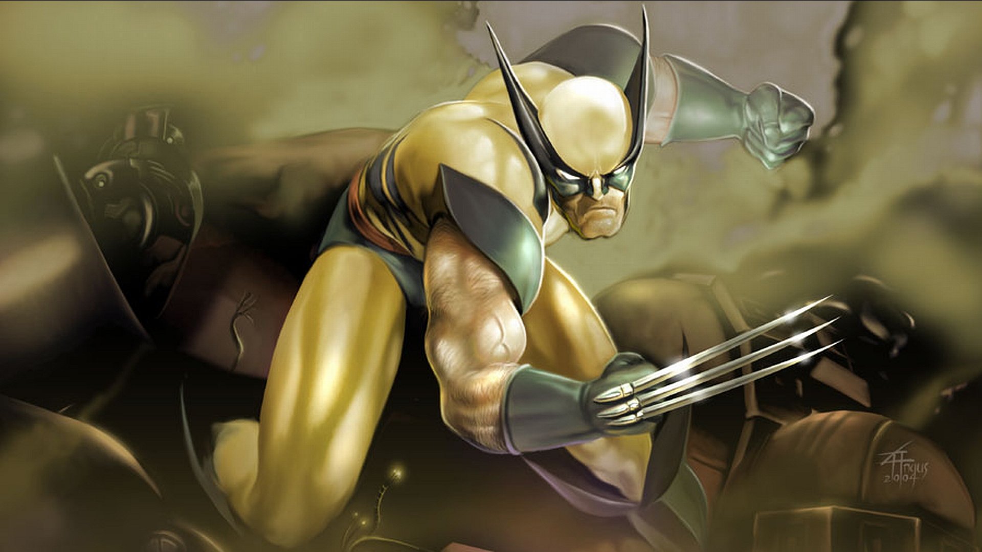 HD PC desktop wallpaper featuring Wolverine in a dynamic comic-style pose with claws extended, set against a smoky, action-filled background.