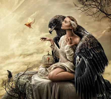 A gothic-themed HD wallpaper featuring a serene woman with a majestic eagle perched on her shoulder, a small bird in flight nearby, and a birdcage resting on a rock. The dark, atmospheric scene evokes mystery.