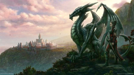 A majestic green dragon stands by a warrior near a distant castle, set against a breathtaking fantasy landscape. High-definition wallpaper capturing an epic scene.