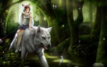 Anime-style HD desktop wallpaper featuring a magical forest scene from Princess Mononoke, with a girl riding a large white wolf, surrounded by forest spirits under a green canopy.