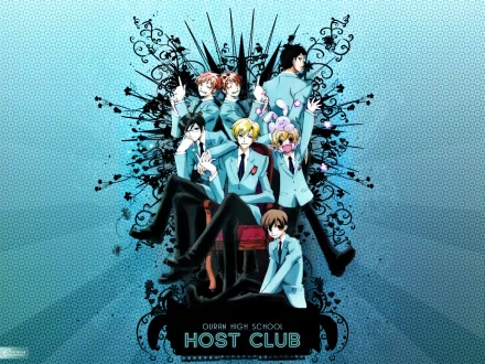 HD wallpaper featuring characters from Ouran High School Host Club, showcasing the host club members in an artistic design with vibrant colors and dynamic backgrounds.