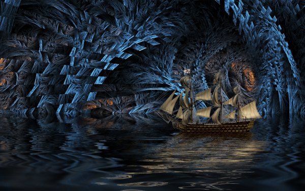 Fantasy Ship Illusion Water Boat Cave Sailboat Fractal HD Wallpaper | Background Image