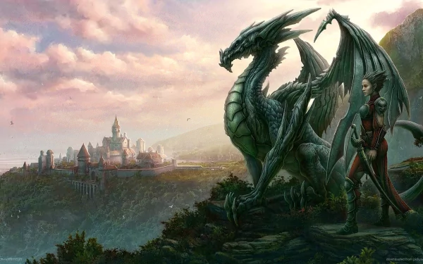 A majestic green dragon stands by a warrior near a distant castle, set against a breathtaking fantasy landscape. High-definition wallpaper capturing an epic scene.