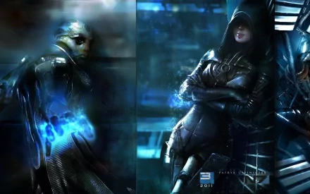 A striking HD wallpaper featuring Thane Krios and Kasumi Goto from Mass Effect 3, showcasing their alien forms in a dynamic, futuristic setting.