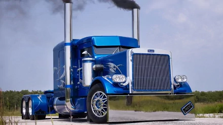 HD wallpaper of a powerful blue truck on an open road, surrounded by a clear sky, emitting black smoke from its exhaust pipes.