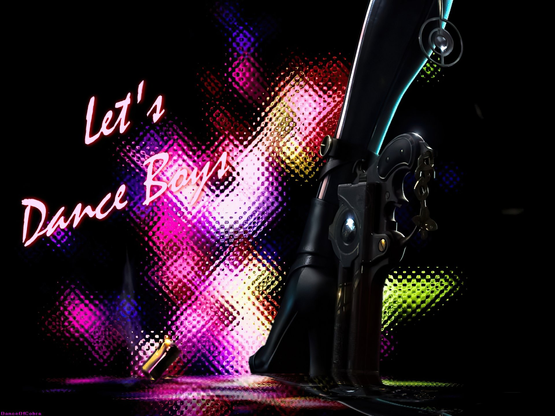 Bayonetta (Character) video game 2K Quad HD PC desktop wallpaper/background: close-up of her gun-heeled boot against neon disco lights and pink Let's Dance Boys! text.