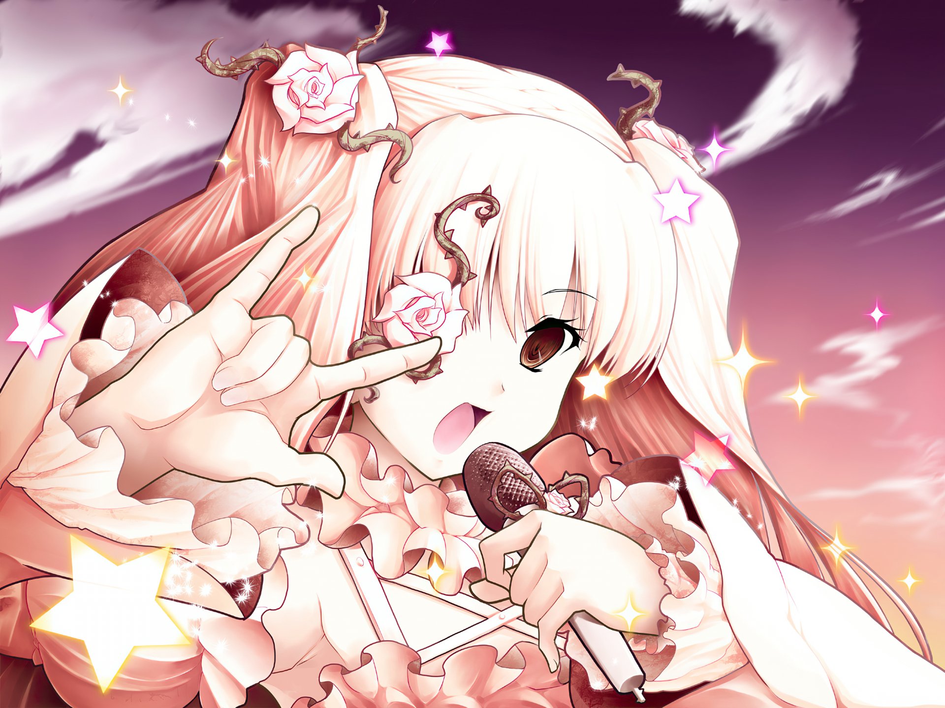 Anime Rozen Maiden doll with long pink hair singing into a microphone, glowing stars and pastel sky — 2K Quad HD PC desktop wallpaper and background.
