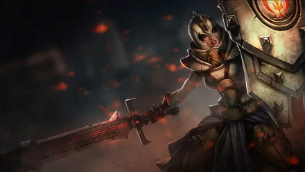 HD PC desktop wallpaper featuring Leona from the video game League of Legends, showcasing her in armor wielding a sword and shield amid a fiery, smoky background.