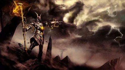 Nasus (League of Legends) video game HD PC desktop wallpaper/background: jackal-headed armored warrior raising a glowing staff on a stormy, ruined battlefield with dark clouds.