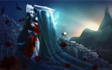 HD anime desktop wallpaper featuring Vampire Hunter D with a dark, mystical landscape and glowing blue light surrounding the character.