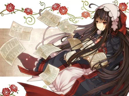 Anime HD PC desktop wallpaper featuring a Dantalian No Shoka character surrounded by floating book pages and red roses, blending dark and elegant tones.