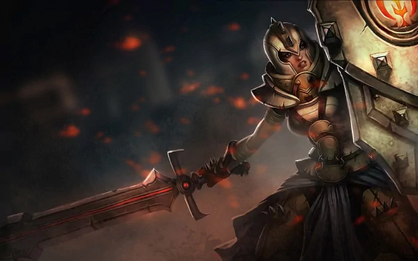 HD PC desktop wallpaper featuring Leona from the video game League of Legends, showcasing her in armor wielding a sword and shield amid a fiery, smoky background.