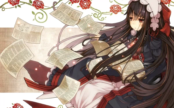 Anime HD PC desktop wallpaper featuring a Dantalian No Shoka character surrounded by floating book pages and red roses, blending dark and elegant tones.