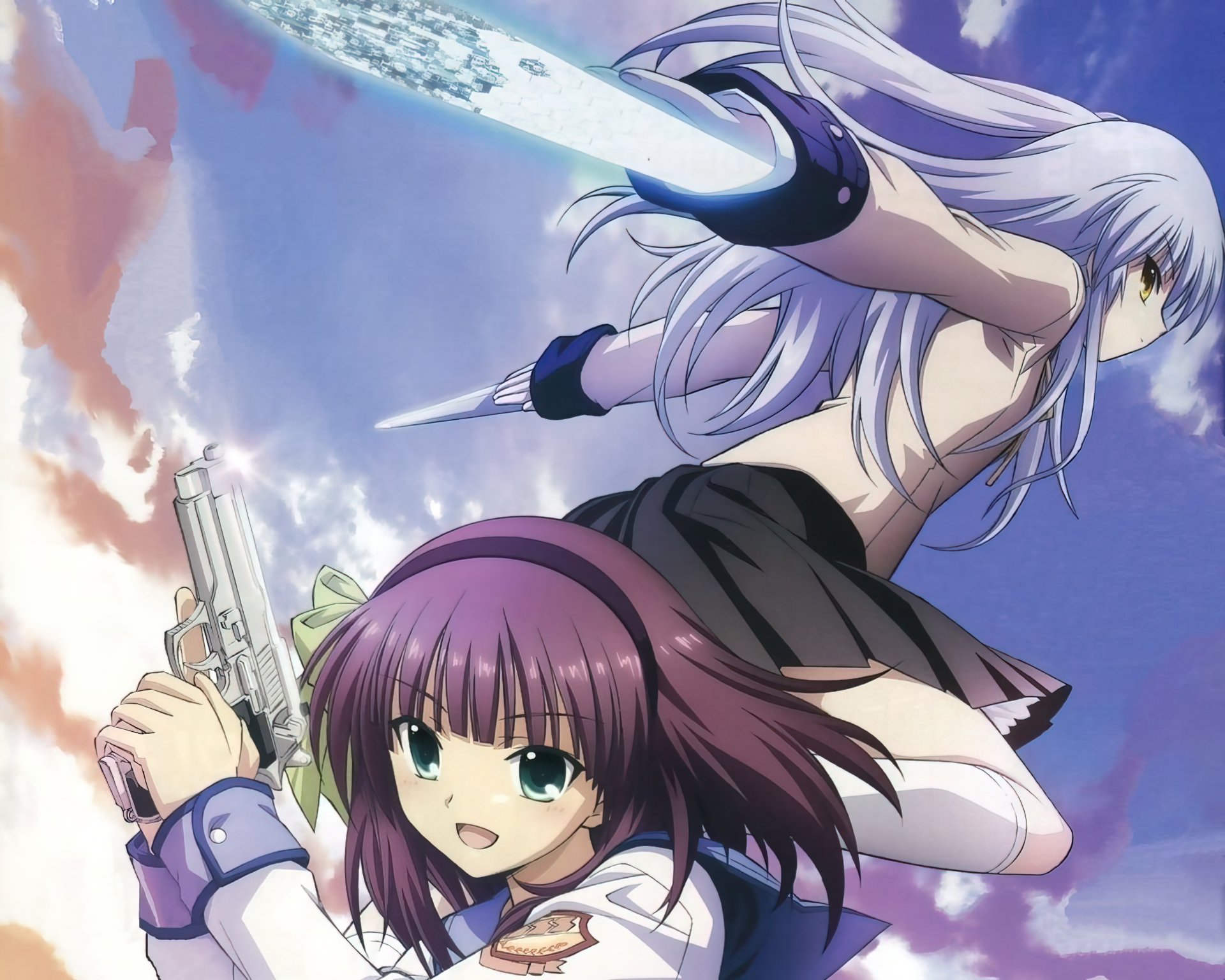 HD anime desktop wallpaper featuring Yuri Nakamura aiming a gun and Kanade Tachibana in midair from Angel Beats!, set against a vibrant sky background.