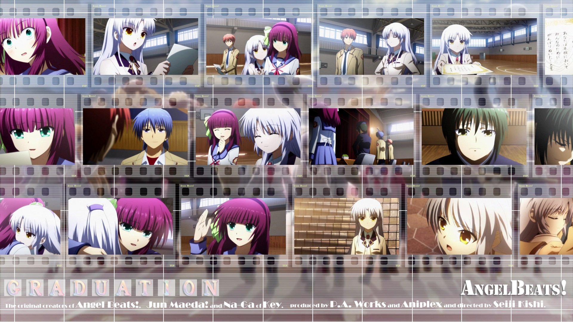 HD PC desktop wallpaper featuring Hinata Hideki, Ayato Naoi, Yuri Nakamura, and Kanade Tachibana from the anime Angel Beats! arranged in a filmstrip style.