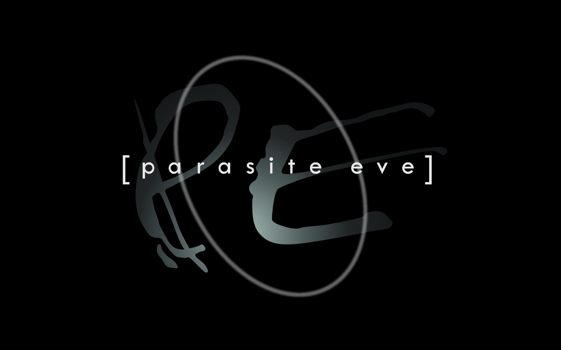 HD PC desktop wallpaper featuring the title logo of the video game Parasite Eve on a black background with subtle abstract shapes.