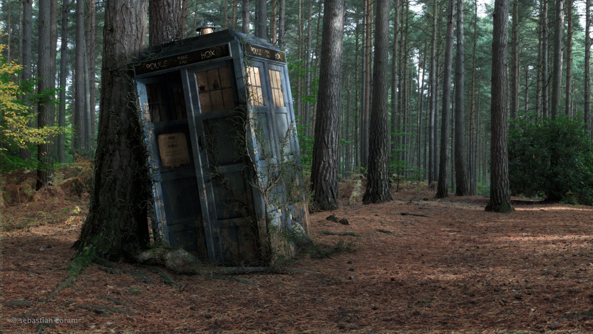 A TARDIS from the TV show Doctor Who stands amidst a serene forest, leaning against a tree. This HD desktop wallpaper captures a whimsical blend of nature and sci-fi.