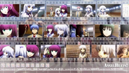 HD PC desktop wallpaper featuring Hinata Hideki, Ayato Naoi, Yuri Nakamura, and Kanade Tachibana from the anime Angel Beats! arranged in a filmstrip style.