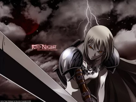 HD anime desktop wallpaper from Claymore featuring a fierce warrior with silver hair and glowing eyes, wielding a large sword under a stormy, lightning-filled sky.
