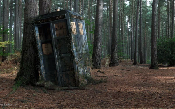 A TARDIS from the TV show Doctor Who stands amidst a serene forest, leaning against a tree. This HD desktop wallpaper captures a whimsical blend of nature and sci-fi.