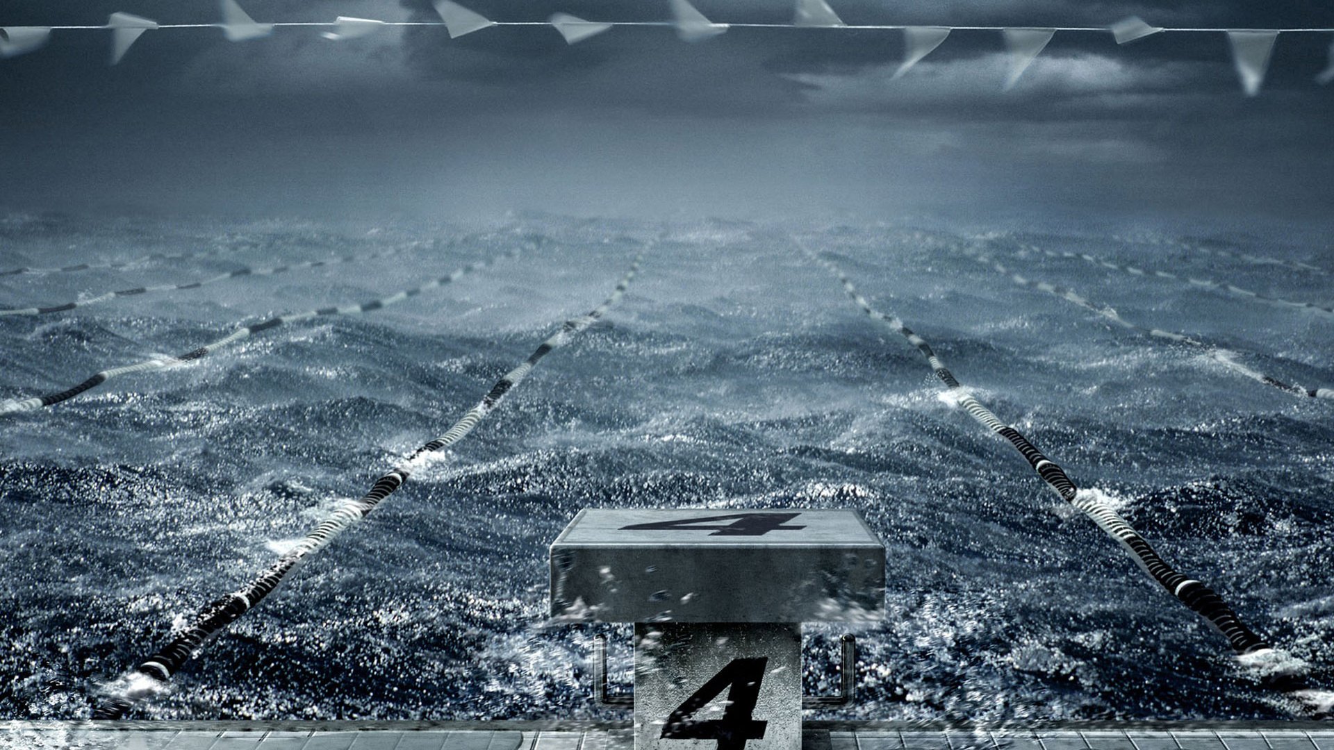 Artistic HD desktop wallpaper of a rainy outdoor swimming pool lane marked with lane number 4, capturing intense sports atmosphere.