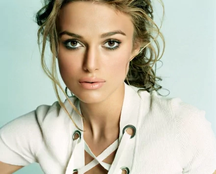 HD desktop wallpaper featuring actress Keira Knightley in a close-up shot with a soft background, highlighting her natural beauty and expressive eyes.