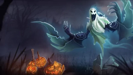 HD PC desktop wallpaper featuring Nocturne from the video game League of Legends, set in a dark, eerie scene with glowing jack-o'-lanterns.
