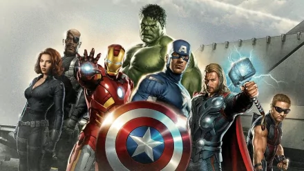 HD image featuring Hawkeye, Thor, Hulk, Captain America, Iron Man, Nick Fury, and Black Widow from the Avengers, showcasing the iconic superheroes in a dynamic comic style.