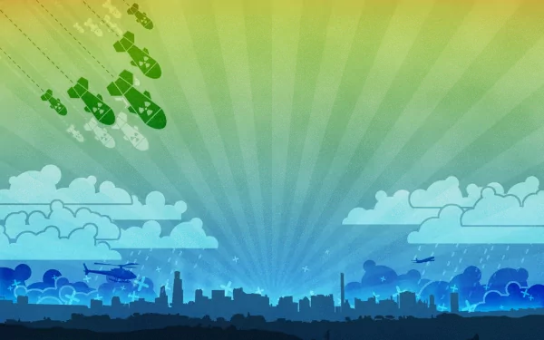 Artistic vector HD desktop wallpaper depicting bombs falling from a helicopter over a city skyline under a vibrant sky.