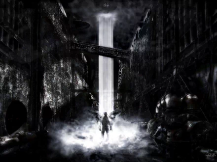 HD desktop wallpaper with a dark, mysterious atmosphere featuring ruins and a shadowy angel figure illuminated by a beam of light in a desolate, foggy setting.