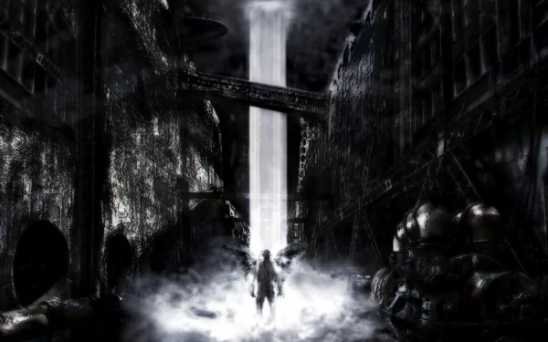 HD desktop wallpaper with a dark, mysterious atmosphere featuring ruins and a shadowy angel figure illuminated by a beam of light in a desolate, foggy setting.