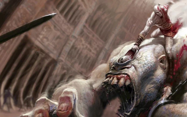 Epic battle scene from the video game God of War, depicting a fierce warrior fighting a monstrous creature. HD desktop wallpaper and background.