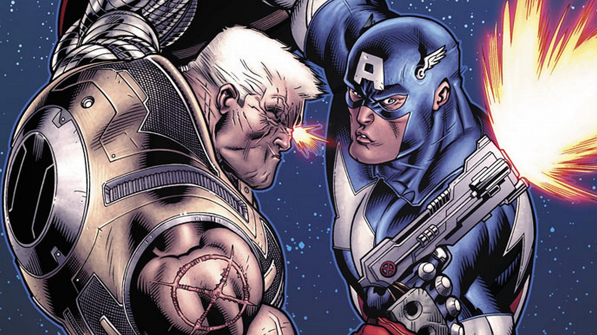 HD PC desktop wallpaper background: comic art of Cable (Marvel Comics) and Captain America clashing amid Avengers-style energy blasts.