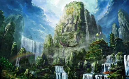 A majestic fantasy landscape featuring towering cliffs, cascading waterfalls, and a serene Buddha statue, set under a dramatic sky. This HD image serves as an enchanting desktop wallpaper.