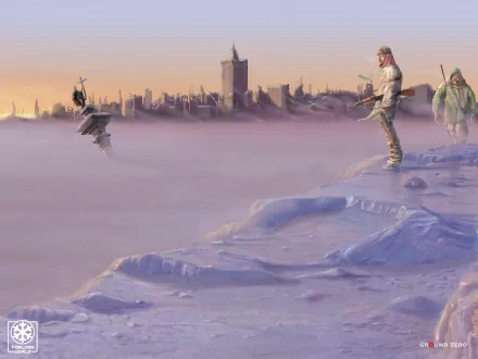 A post-apocalyptic winter scene in Warsaw, featuring a hunter amidst ruins, capturing the essence of sci-fi and survival in a desolate, frozen landscape.