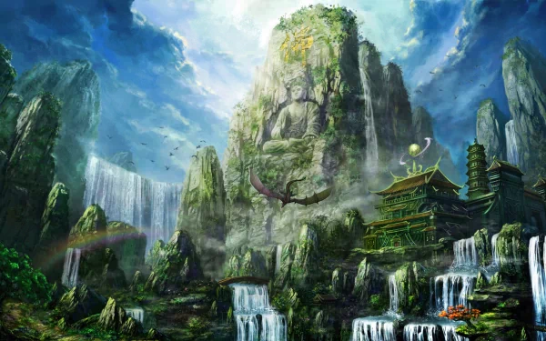 A majestic fantasy landscape featuring towering cliffs, cascading waterfalls, and a serene Buddha statue, set under a dramatic sky. This HD image serves as an enchanting desktop wallpaper.