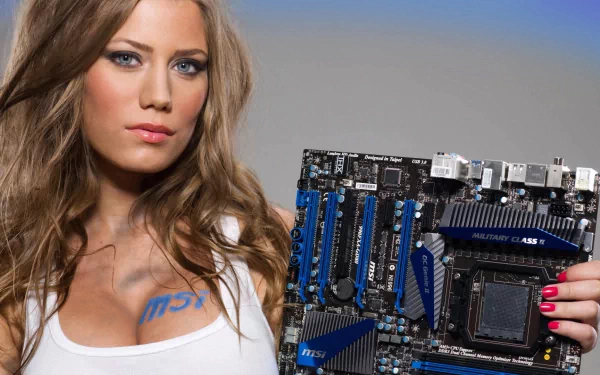 A blonde woman with long hair and blue eyes holds an MSI motherboard, set against a smooth gradient background in this HD PC desktop wallpaper.