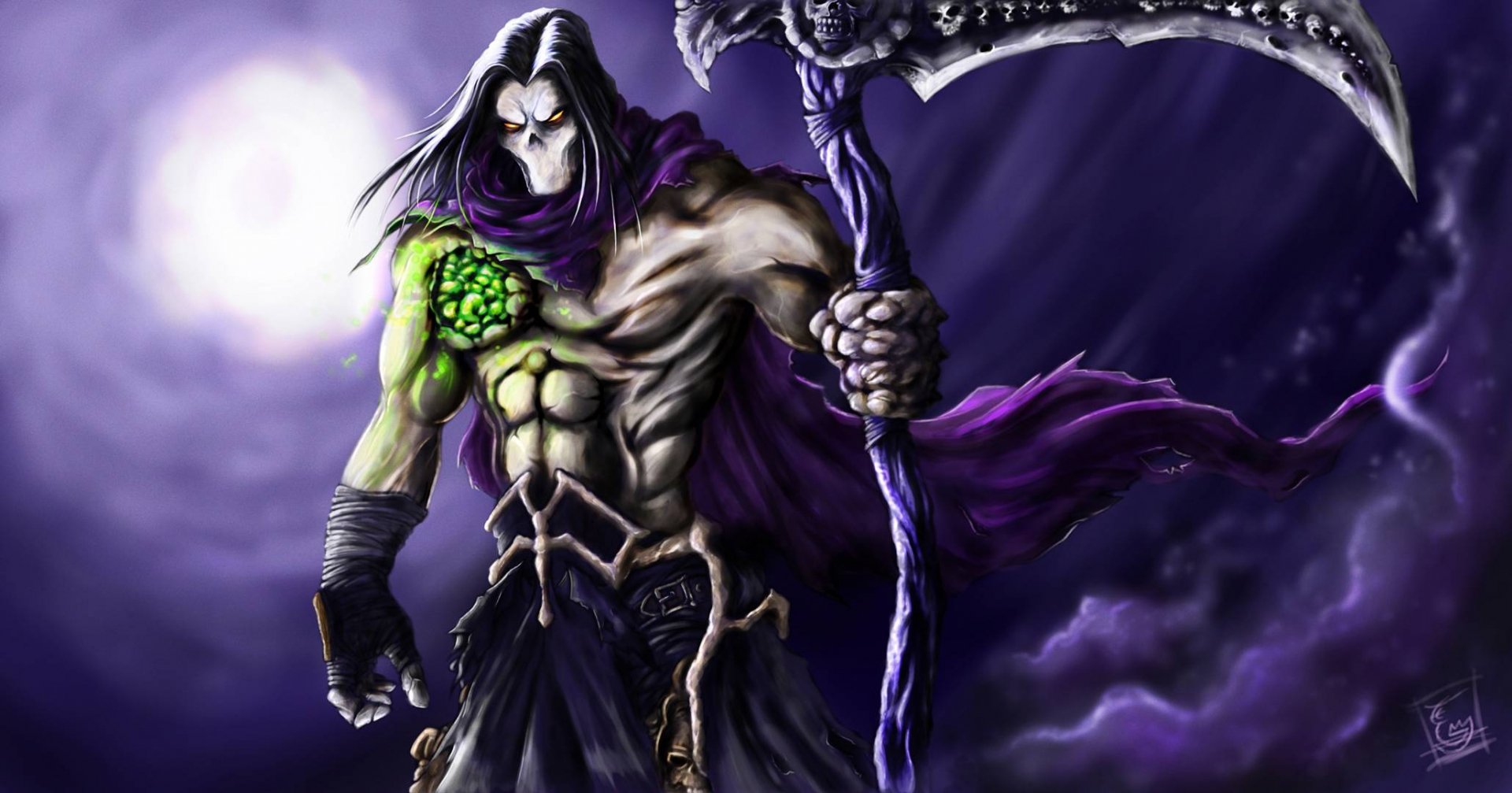 High-definition wallpaper featuring a character from Darksiders II, depicted with pale skin, a muscular build, and a menacing scythe, set against a dramatic dark background.