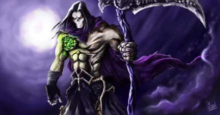 High-definition wallpaper featuring a character from Darksiders II, depicted with pale skin, a muscular build, and a menacing scythe, set against a dramatic dark background.