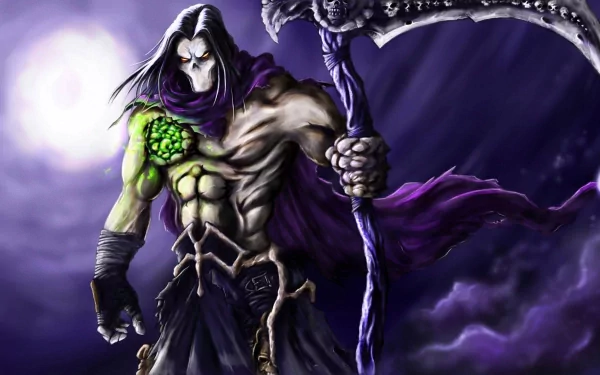 High-definition wallpaper featuring a character from Darksiders II, depicted with pale skin, a muscular build, and a menacing scythe, set against a dramatic dark background.