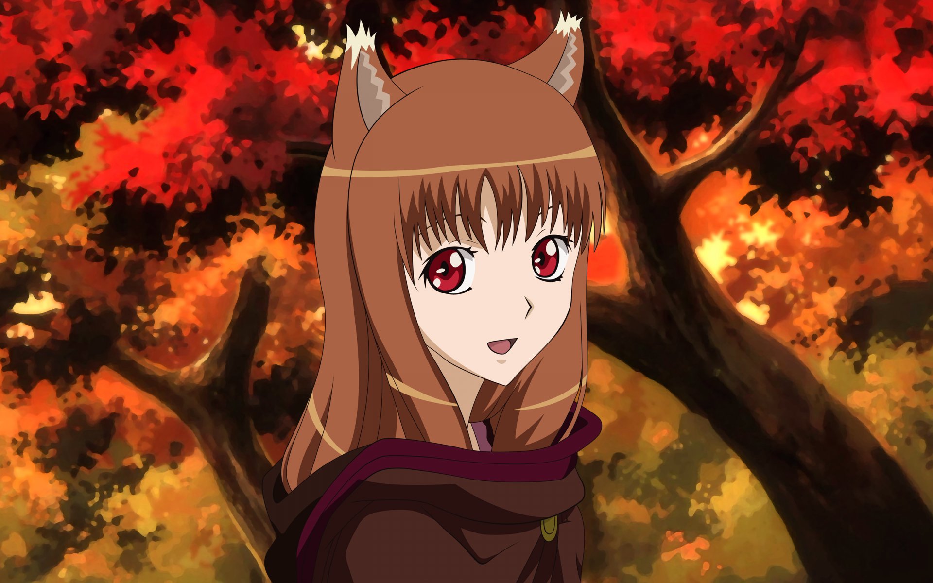 A character from Spice and Wolf, featuring brown hair, red eyes, and animal ears, stands amidst vibrant autumn foliage in this HD anime wallpaper.