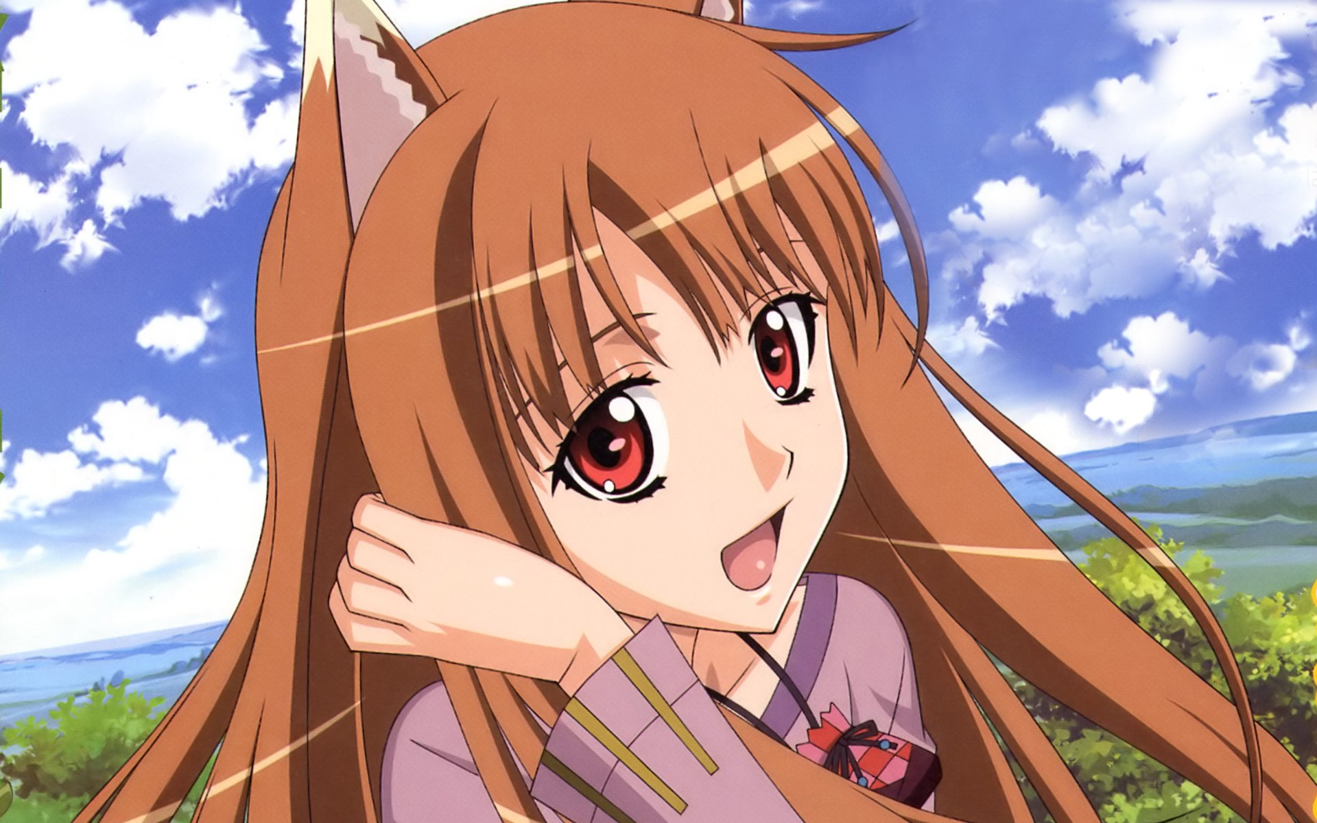 Anime HD PC desktop wallpaper: Holo from Spice and Wolf smiling, wolf ears and flowing hair against a bright blue sky and rolling green countryside.