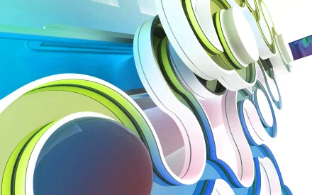 Abstract shapes HD PC desktop wallpaper: glossy concentric rings and undulating ribbons in blue, green and pastel tones, layered to create dynamic depth.