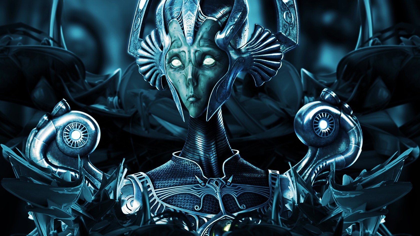 HD PC desktop wallpaper of a fantasy creature with glowing eyes, ornate metallic headdress, and intricate cybernetic armor against a dark blue, futuristic background.