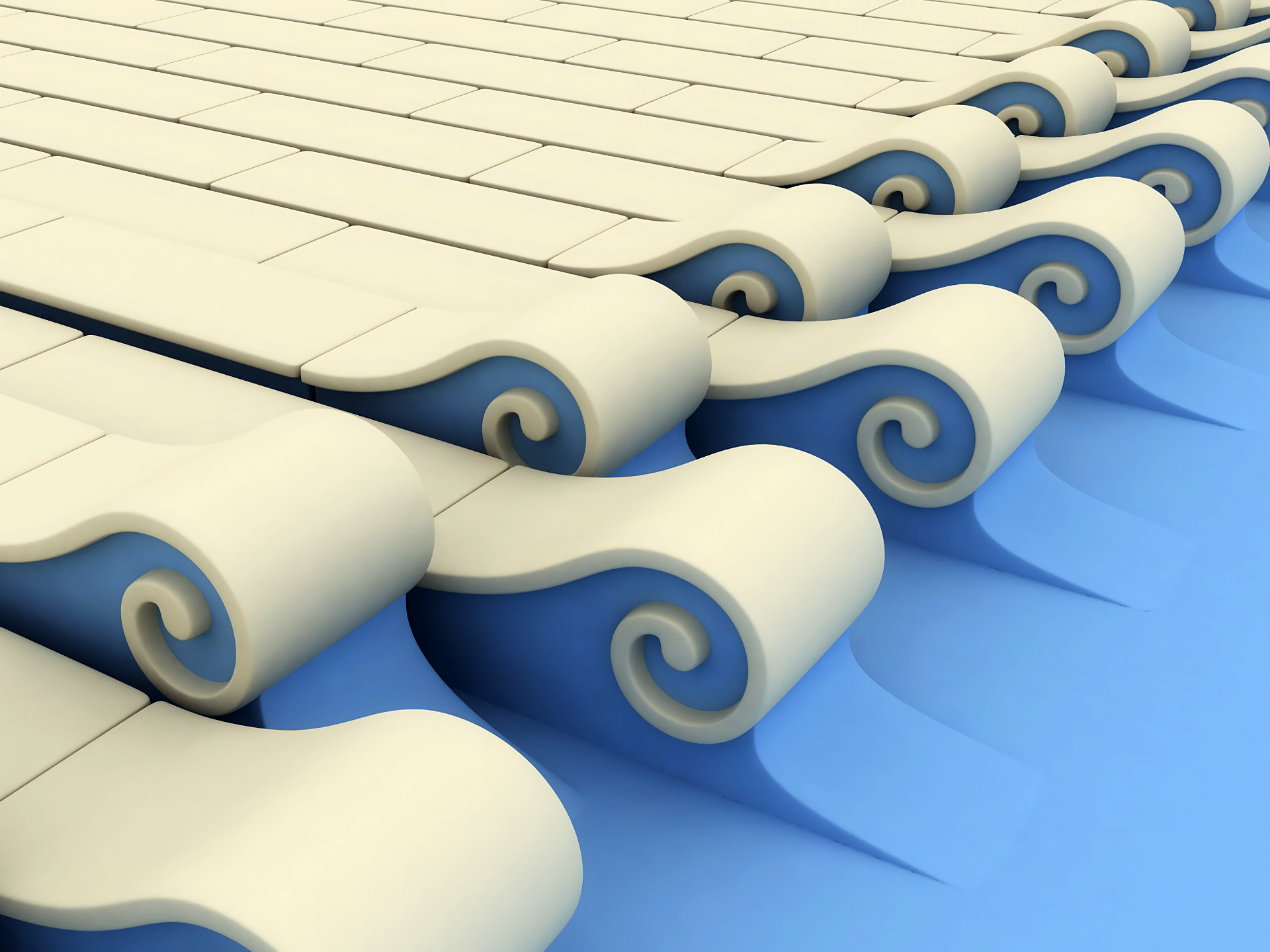 A digital art piece featuring harmonious shapes, displaying smooth wave-like patterns in shades of blue and cream, designed as a high-definition PC desktop wallpaper and background.