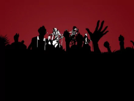 HD anime desktop wallpaper featuring Nana Osaki and her band performing on stage with an energetic audience silhouette against a bold red background.