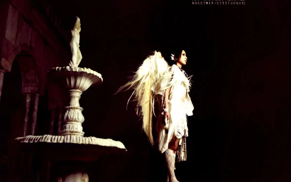 HD PC desktop wallpaper featuring Mika Nakashima with dramatic lighting, angelic wings, and a classic stone fountain in a dark, moody setting, emphasizing music and artistry.