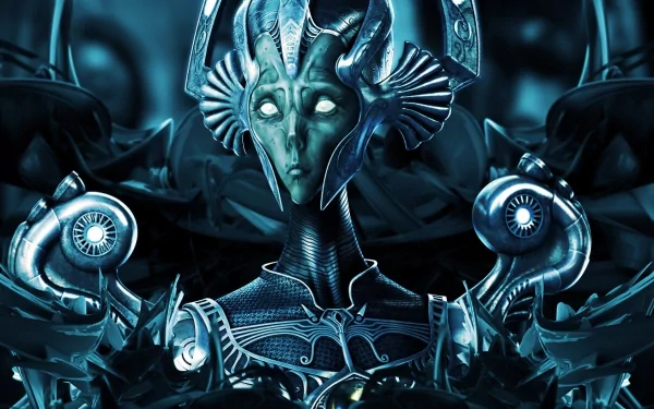 HD PC desktop wallpaper of a fantasy creature with glowing eyes, ornate metallic headdress, and intricate cybernetic armor against a dark blue, futuristic background.