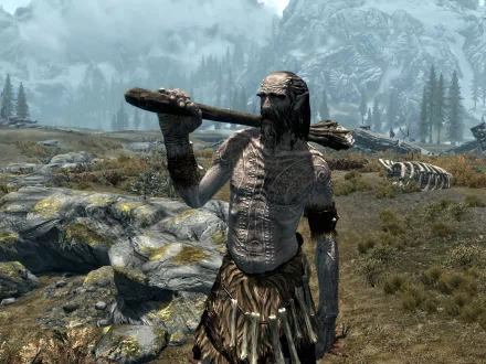 HD PC PC desktop wallpaper from The Elder Scrolls V: Skyrim (The Elder Scrolls) showing a towering giant with a club standing in a snowy mountain tundra — video game background
