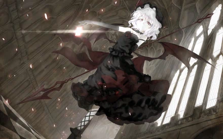 HD PC desktop wallpaper featuring Remilia Scarlet from the anime Touhou, depicted with bat wings and a dark, flowing dress inside a dimly lit gothic building.